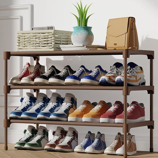 Kitsure Shoe Rack - Non-Woven Shoe Rack Shelf, Shoe Organizer for Closet, Entryway, Garage & Corridor, Stackable Shoe Shelves, 27.5" Wide - 3 Tier, Brown
