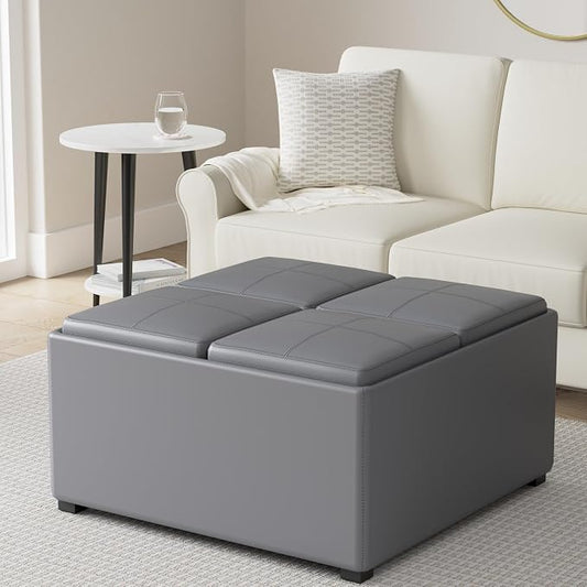 SIMPLIHOME Avalon Wide Contemporary Square Coffee Table Storage Ottoman, Stone Grey, Table Ottoman