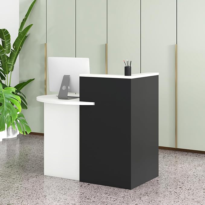 Reception Desk, Retail Checkout Counter w/Lockable Drawer & Open Shelves, Computer Workstation, Small Front Desk Reception Counter for Company Lobby Store Salon Office (White & Black)