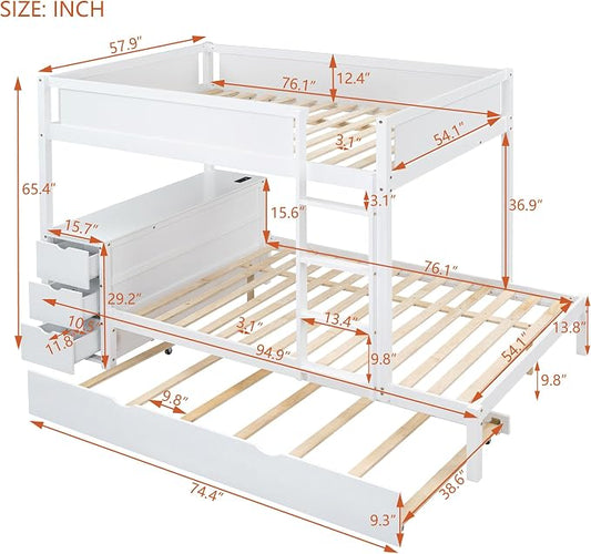 Harper & Bright Designs Full Over Full Bunk Bed Twin Size Trundle, Wood Full Bunk Bed with USB Ports, Storage and Desk, White