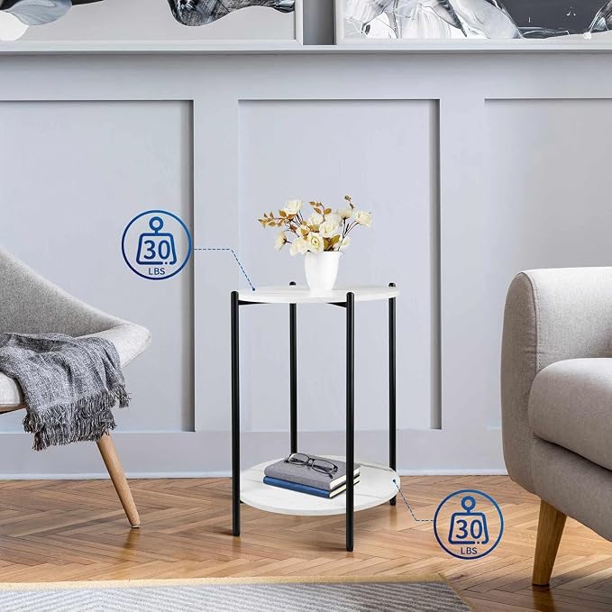 Small Round Side Table Set of 2, Black End Table with Faux Marble Top | Modern Sofa Table for Small Spaces, Living Room Furniture, Couch Side Stand, Bedroom Nightstand
