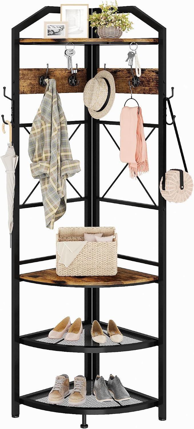 Corner Coat Rack with Storage, Entryway Hall Tree with Bench and 10 Metal Hooks, Freestanding Clothes Rack Shoes Shelf Organizer for Home Office Bedroom, Rustic Brown