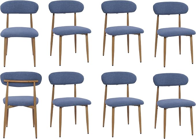 FREKEN Modern Upholstered Dining Chairs Set of 8, Mid-Century Metal Frame with Wood Grain, Linen Fabric Side Chair for Kitchen Dining Room, 350lbs Capacity, Blue