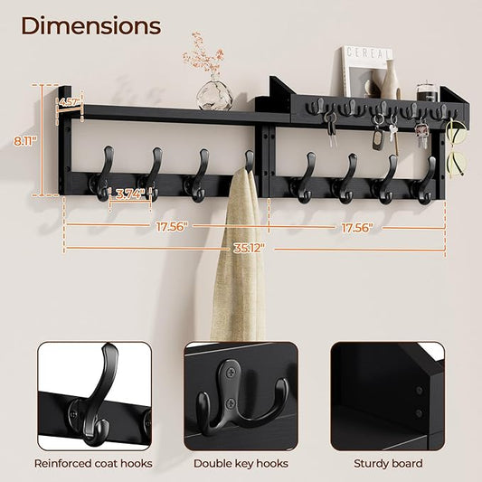 Evermagin 35" Coat Rack Wall Mount with Shelf, 4 in 1 Wall Mounted Coat and Key Hanger with 13 Hooks, Entryway Key Holder with Mail Holder for Living Room, Bedroom, Black