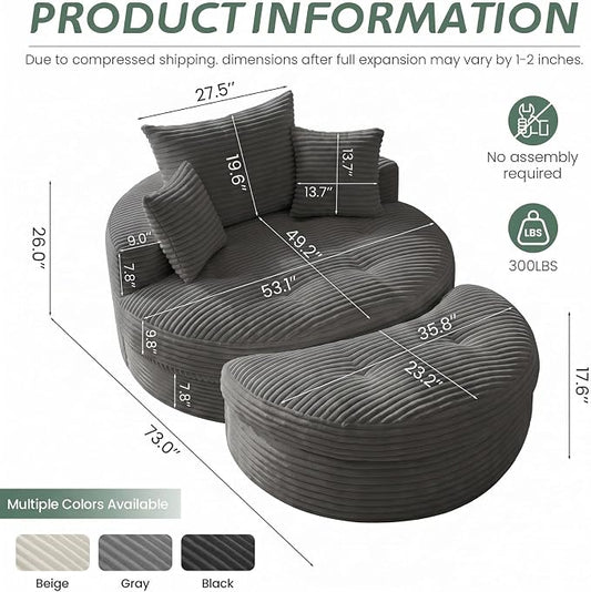 Oversized Round Chaise Lounge Chair, Deep Seat Cloud Boneless Floor Sofa Couch, Upholstered Corduroy Sleeper with 3 Pillows & Optional Ottoman, No Assembly Modern Lazy Floor Lounger for Living Room