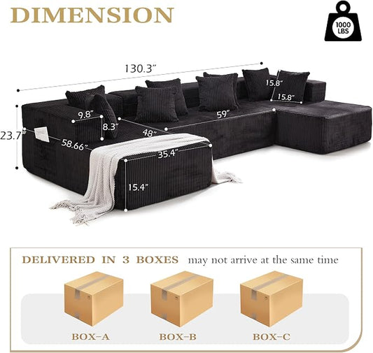 HOMREST 131" Cloud Memory Foam Sofa with Chaise Lounge, Boneless Corduroy Deep Seat Modular Sectional Couch, Large U-Shaped Floor Sofa for Living Room & Apartment, No Assembly Required, Black