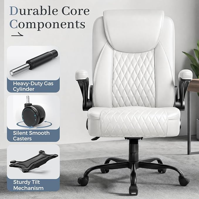 GTPOFFICE Executive Office Chair with Comfortable Lumbar Support, Ergonomic Gaming Chair with Flip-up Armrests & Zoned Pressure-Relief Cushion, Comfy PU Leather Desk Chair, White