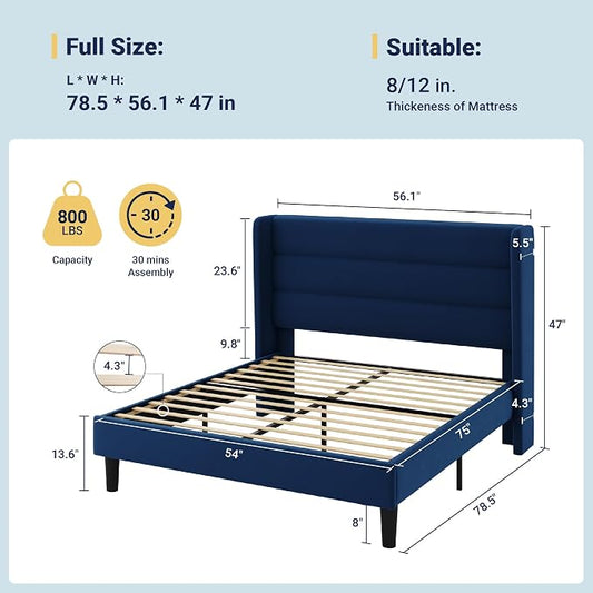 Allewie Full Size Platform Bed Frame with Velvet Upholstered Wingback Headboard, No Box Spring Needed, Under Bed Storage Space, Wooden Slats, Modern Mattress Foundation, Easy Assembly, Blue