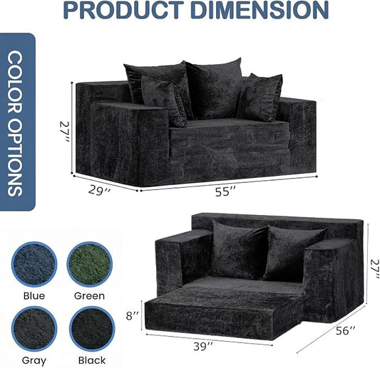 Boneless Loveseat Sleeper Sofa Bed, 3-in-1 Convertible Sofa Bed and Floor Futon Couch (Velvet-Black, Loveseat (55"))