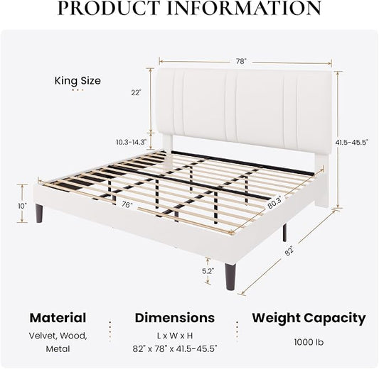 SHA CERLIN King Size Platform Bed Frame, Velvet Upholstered Bed with Adjustable Headboard, Vertical Channel Tufted Design, Sturdy Wood Slat Support, No Box Spring Needed, Easy Assembly, White