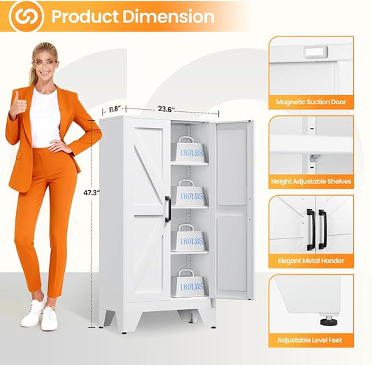 47.3" White Storage Cabinet with 2 Doors and 3 Adjustable Shelves, Metal Tall Kitchen Pantry cabinets, Modern Food Pantry Cabinet,4 Tier Freestanding Framed Panel Door Cupboard for Kitchen Dining Room