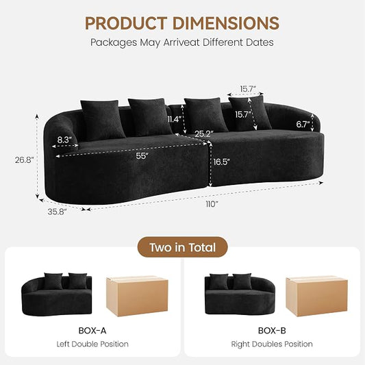 110" Boneless 4 Seater Sofa Couch, Modern Oversized Curved Cloud Sofa, Chenille 4-Seater Deep Seat Sectional Couches for Living Room, No Assembly, Black