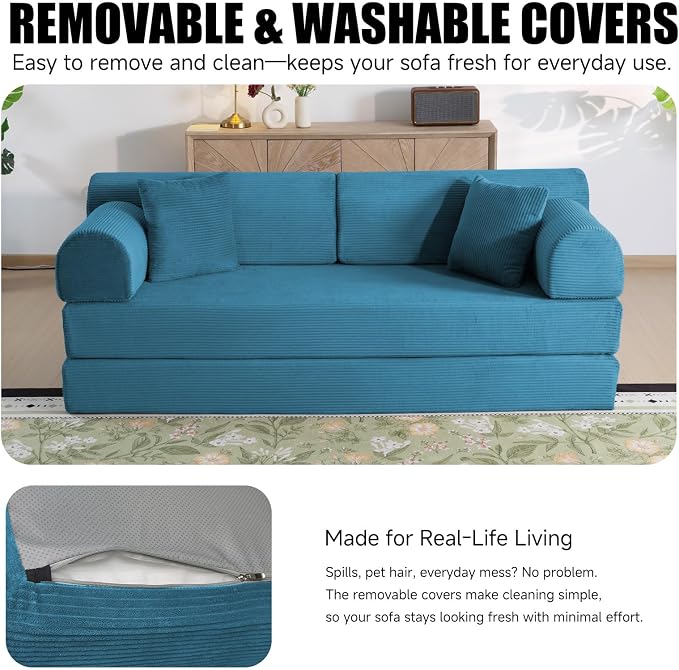 78.8" Memory Foam Boneless Couch, Corduroy Floor Sofa Bed, Convertible Sleeper Futon Loveseat, Wide Armrests & Back Support, Supports Up to 1200 lbs, Couch in a Box with 2 Pillows, Ocean Blue