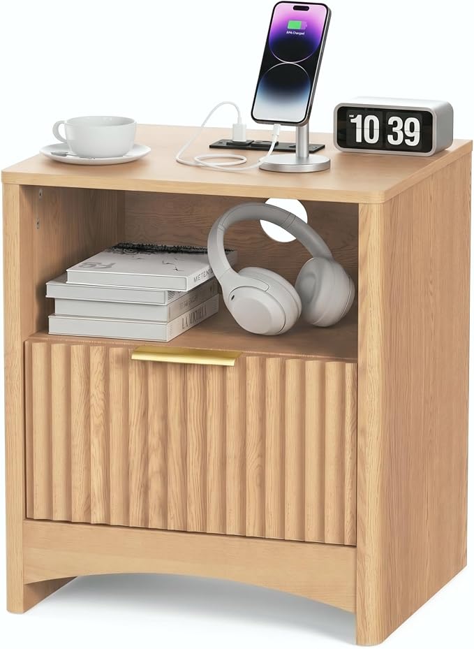 Marsail Fluted Nightstand, Wooden Nightstands with Drawers, Modern Bedside Table with Charging Station and Storage, End Table with Storage Side Table for Bedroom, Oak