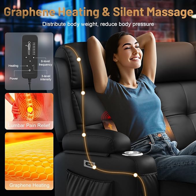 Power Loveseat Recliner Sofa, Home Theater Seating with Heat Massage, Reclining Loveseats with Flip Backrest, Wall Hugger RV Couch Movie Theater Chairs, RV Furniture Sofas with USB, for Gaming Room