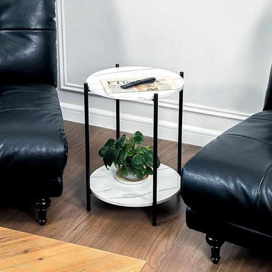 Faux Marble End Table, White Black Side Table, Marble Nightstand | Modern Accent Table, Round Design, Black Metal Frame, Living Room Bedroom Decor, 1 Piece