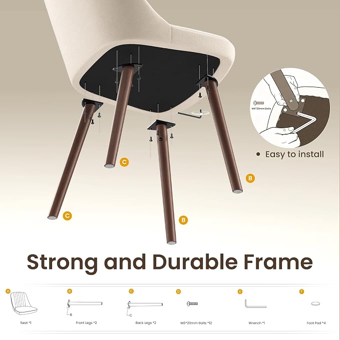 MALOL Upholstered Dining Chairs Set of 6, Modern Fabric Kitchen Chairs with Back, Wood Legs for Kitchen Dining Room Restaurant, Beige