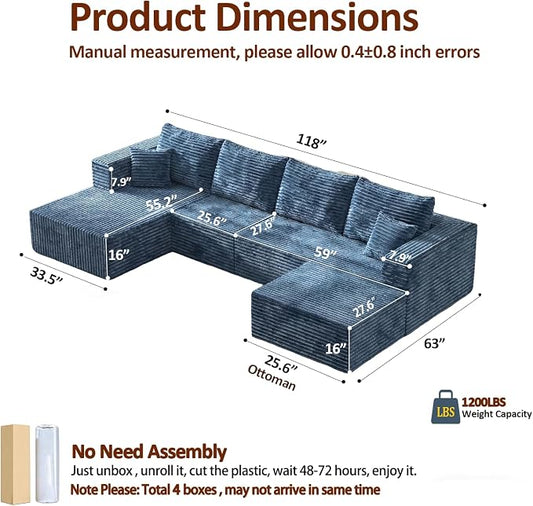 118" Modular Sectional Sofa with Chaise and Ottoman,Oversized U-Shaped Corduroy Cloud Couch,Deep Seat Boneless Couch for Living Room,No-Assembly,Blue (Left Facing Chaise)