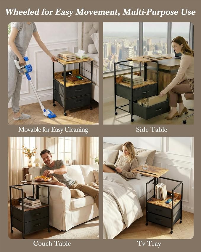 Faesun Swivel Lift Top Nightstand with Charging Station, Rolling Side Table for Recliner, Bedside Table with Wheels & 2 Fabric Drawers, for Small Spaces, for Bedroom, Living Room, Brown Black