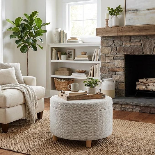 HomePop 24" Large Round Storage Ottoman - Cream Chevron Woven