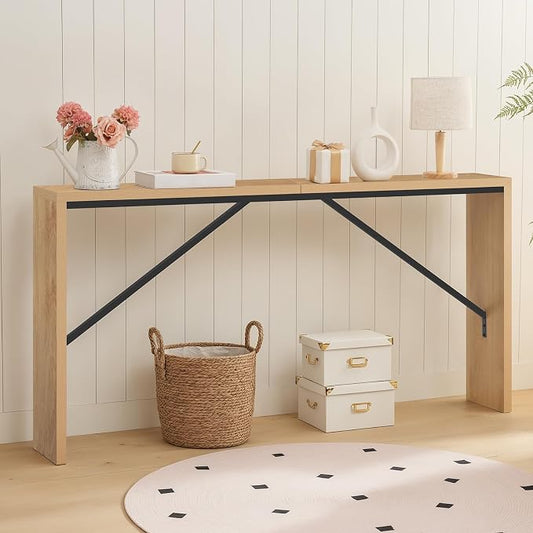 MAHANCRIS Console Table, 62.2" Long Sofa Table Behind Couch, Narrow Entryway Table, Farmhouse Dining Table with Angled Metal Frame, Industrial Console Table for Entryway, Natural CTNB15801