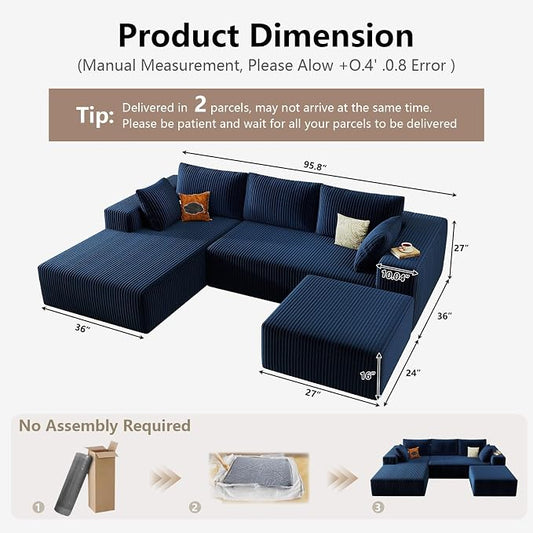 95" Cloud Sectional Couch U-Shaped Chaise with Ottoman, Corduroy Boneless Couch for Living Room Bedroom, Deep-Seat Upholstered Modular Cloud Sofa, No Assembly Required (Blue, Left Facing Chaise)