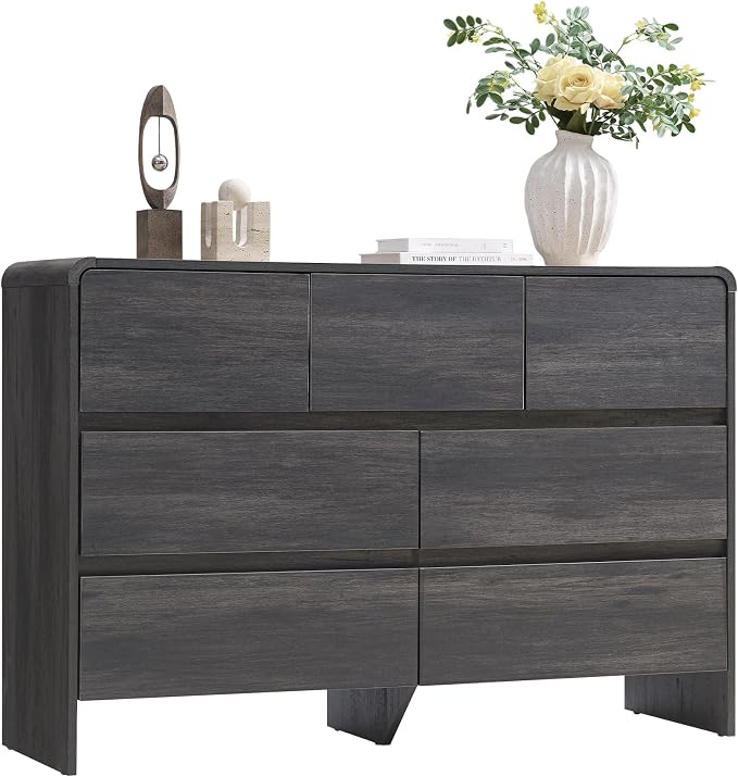 AMERLIFE 7 Drawer Dresser for Bedroom, 49" Wide Modern Chest of Storage Drawers with Rounded Corners, Anti-Tip Kit, Wood Cabinet Organizer for Closet, Living Room, Nursery, Easy Assembly, Black