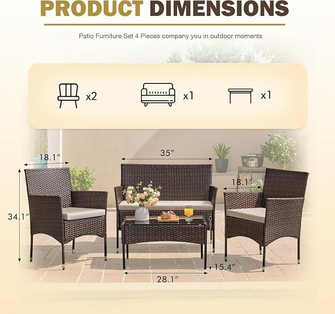 Brown & Beige 4-Piece PE Wicker Patio Furniture Set, Indoor Outdoor All Weather Rattan Conversation Chairs for Porch, Garden, Poolside & Balcony