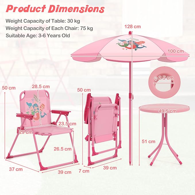 HONEY JOY Kids Picnic Table, Animal Themed Toddler Outdoor Table and Chair Set, 2 Folding Chairs & Removable Umbrella, Children Outdoor Furniture for Backyard Patio Garden (Pink Mermaid)