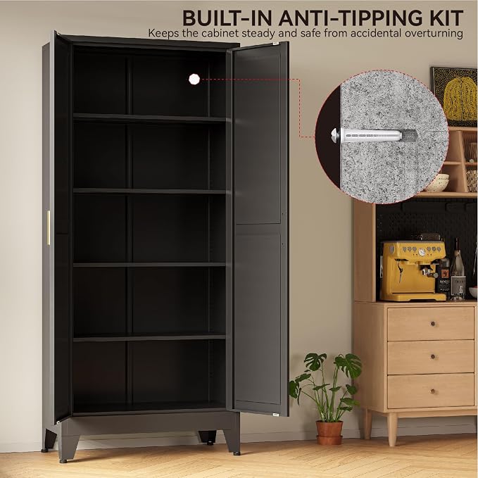 COFaR 71" Modern Pantry Cabinet in Black, 5-Tier Storage Cabinet with Adjustable Shelves, Industrial Steel Cupboard for Kitchen, Office & Living Room Organization