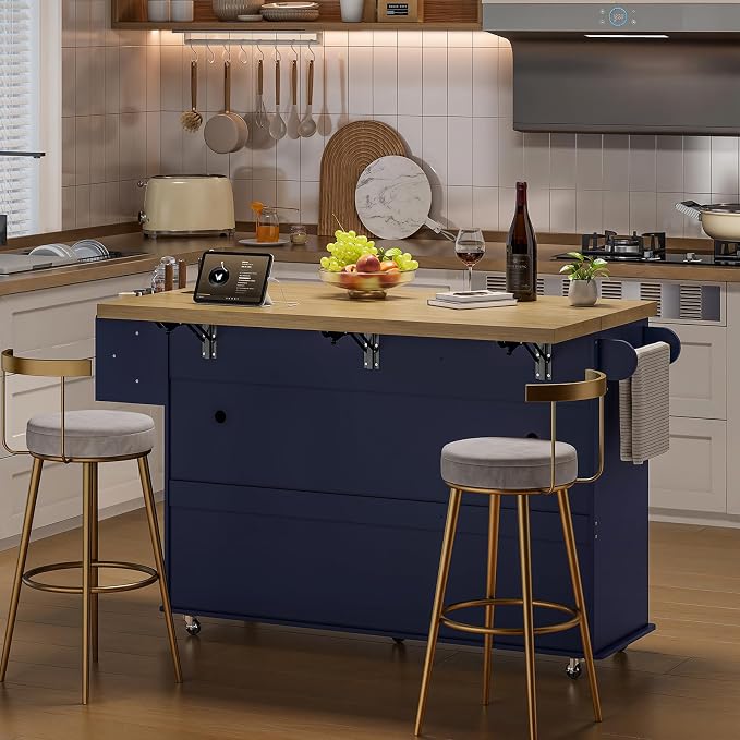 ONBRILL 60" Kitchen Island with Power Outlet & Drop Leaf, Rolling Island with Spice Rack & Towel Rack, Kitchen Island Cart with Trash Storage Cabinet, Island Table for Kitchen, Blue
