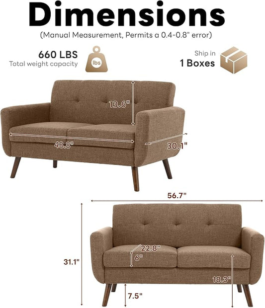Tbfit 56" W Loveseat Sofa, Mid Century Modern Decor Love Seat Couches for Living Room, Button Tufted Upholstered Small Couch for Bedroom, Solid and Easy to Install Love Seats Furniture, Brown