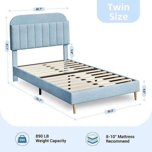 GarveeHome Twin Bed Frame with Storage Headboard, Velvet Upholstered Platform Bedframe for Kids, Boy Bed, Strong Wooden Slats, Noise-Free, Easy Assembly, No Box Spring Needed, Blue