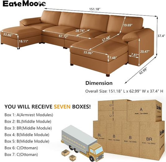 EASE MOOSE Leather Sectional Couch, Oversized Modular Sectional Sofas, Wide Deep Seat Modern Modular Couch, Scratch Resistant Faux Leather Material, U Shaped Sofa for Big Spaces, Brown