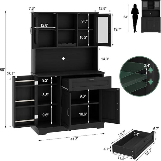 Shintenchi Kitchen Pantry Storage Cabinet, Freestanding Buffet Cabinet with Microwave Stand & 3 Door Shelves, Kitchen Hutch with Doors, Adjustable Shelves and Wine Rack, Black