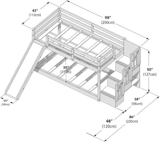 Grain & Grove Bear Twin Over Twin Bunk Bed with Slide and Staircase, Low Bunk Bed Frame for Kids, Bunk with Ladder, Guardrail, and Slats, No Box Spring Required, Oak Embossed Pecan