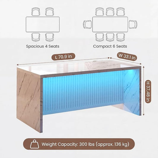 71’’ Large Faux Marble Dining Table for 6 People, 37.4’’H Tall Modern Kitchen Island with LED Lights, Rectangle Kitchen Dining Table for Home