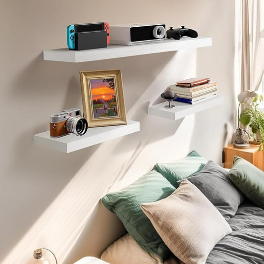 AMADA HOMEFURNISHING Floating Shelves Wall Mounted, 15 x 7 Inch Wall Shelves for Bathroom, Bedroom, Living Room, White Shelves Set of 2