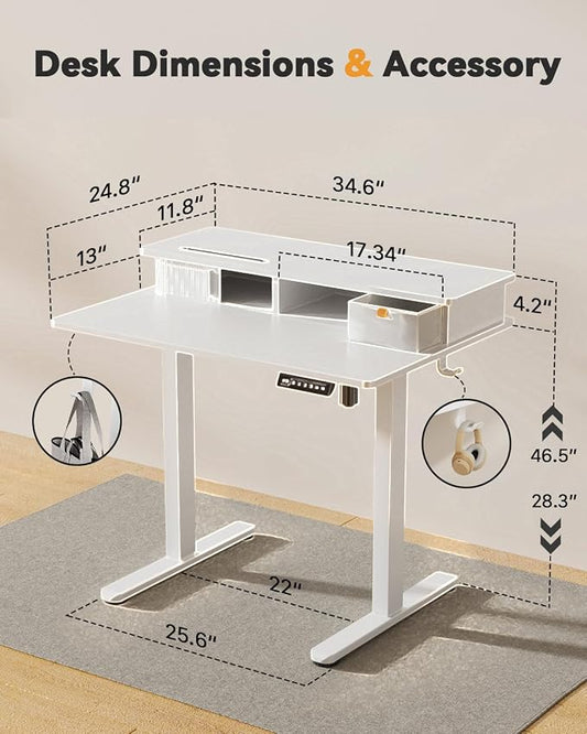 JOY worker Small Electric Standing Desk, 35" x 25" Height Adjustable Desk with Built-in Monitor Stand & Storage Drawer, White Sit Stand Table with 2 Hooks for Home Office