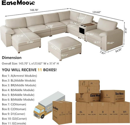 EASE MOOSE Faux Leather Sectional Couch with Console, Oversized Modular Sofa, Modern Comfy Modular Couch, Scratch Resistant Material Sofas, U Shaped Couch for Big Spaces, Beige