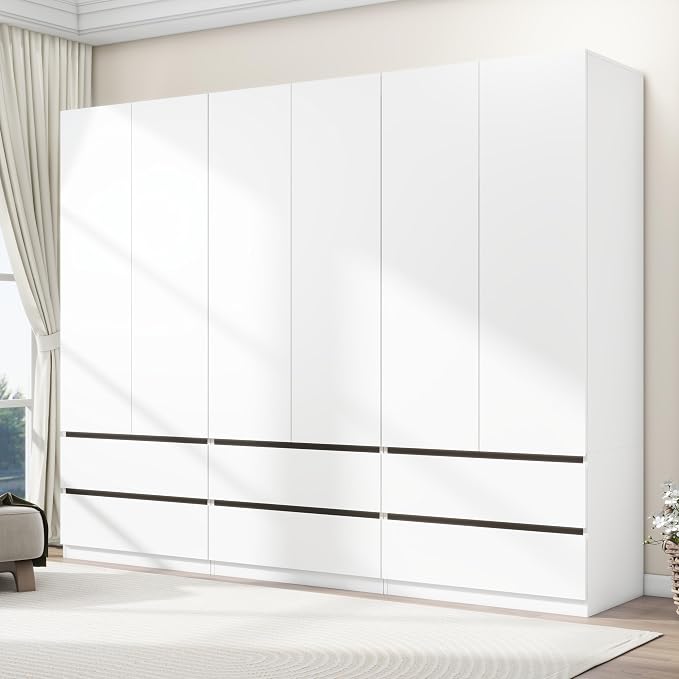 Armoire Wardrobe Closet with Drawers:75" Large White Wardrobe Closet Cabinet with 6 Doors for Hanging Clothes, Modern Wooden Bedroom Armoires with 6 Drawers and Storage (A+A+A, 94.5")