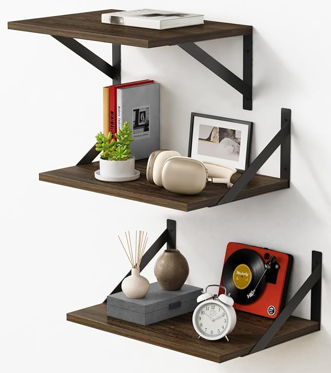 Forbena 12 Inch Deep Floating Shelves for Wall Set of 3, Wooden Wall Bookshelf for Bedroom Books, Rustic Wood Hanging Bookshelves for Bathroom Living Room Office Storage (Dark Brown)