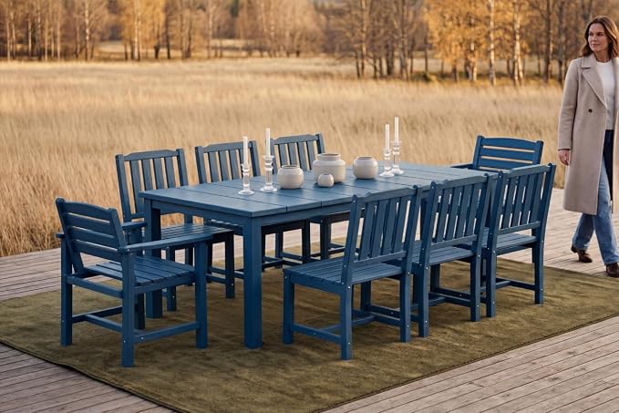 Perli™ 9-Piece Outdoor Dining Set, All-Weather HDPE Patio Furniture with 8 Ergonomic Chairs & Large Table, Built-in Umbrella Hole, UV-Resistant Set for Backyard, Deck, Poolside, Blue