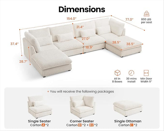 154" Oversized Corduroy Couch Modular Sectional Sofa, Washable Cloud Couch Sectional with 2 Ottoman, 6 Seater Sectional Couches for Living Room, Fully Cover Removable, U Shaped, Corduroy, White