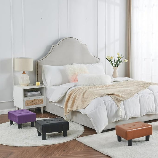 BRIAN & DANY Small Foot Stool, Leather Foot Stools with Legs, Stable Small Footstool for Living Room, Light Brown