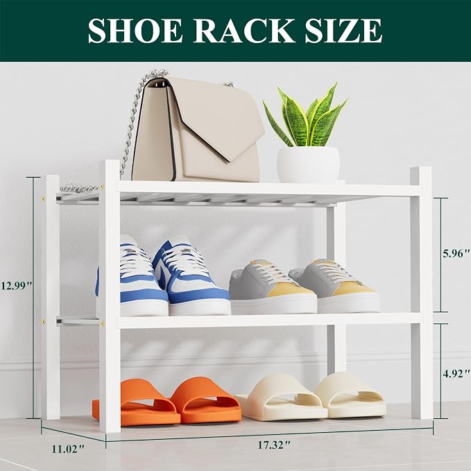 Smiry Small Bamboo Shoe Rack, 2 Tier Free Standing Wooden Shoe Organizer, Stackable Wood Shoe Storage Shelf for Closet, Entryway, 14 Vertical Slats, One-piece Heavy-Duty Legs, 17.3"x11"x13", White