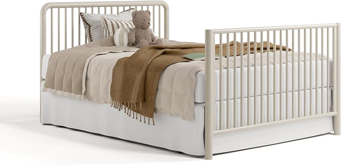 Storkcraft Porto 5-in-1 Convertible Crib with Toddler Guardrail – GREENGUARD Gold Certified, Toddler Bed Conversion Kit Included, 100% Solid Wood, Fits Standard Baby Crib Mattress (Frosted Oat)