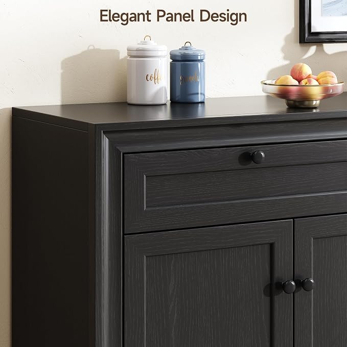 ONBRILL 48 Inches Sideboard Buffet Cabinet with Storage, Farmhouse Sideboard with 2 Drawers and 3 Doors, Wood Coffee Bar Cabinet with Adjustable Shelves for Living Room, Kitchen, Hallway, Black