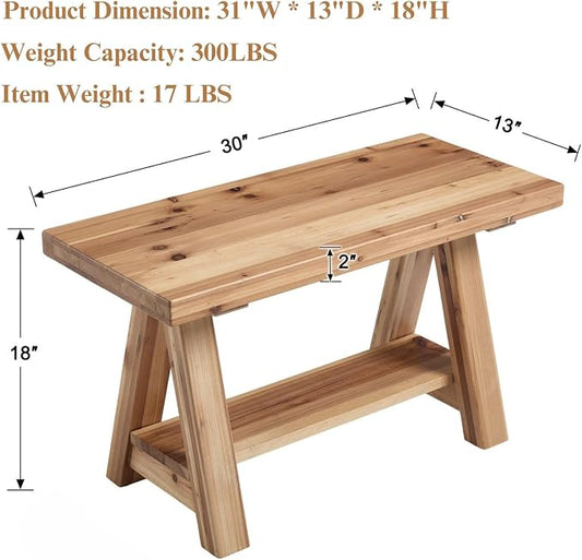 Farmhouse Solid Wood Entryway Bench, 30 Inch Small Narrow Storage Bench with Shelf, Rustic Wooden Shoe Bench for Entryway, Mudroom, or Hallway Seating, Natural