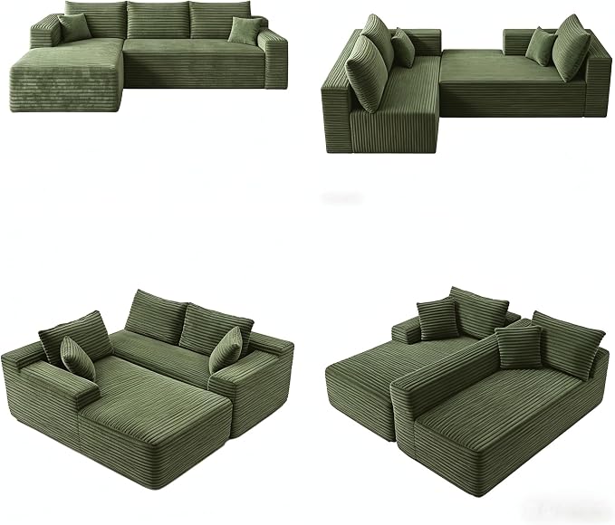JINGLING 94" L Shape Couch with Left Chaise, Memory Foam Boneless Sectional Sofa in a Box, No Assembly Modular Small Couches for Small Spaces, Living Room, Apartments, Plush Corduroy, Green